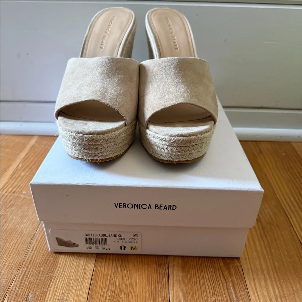 Veronica Beard Dali Sand Suede Espadrille Wedge Slides - Beige 11